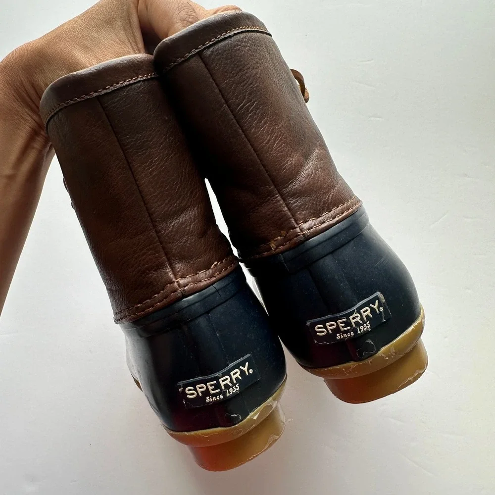Sperry Girls Saltwater Duck Boots Navy Brown Side Zip YG55203 Size 5M